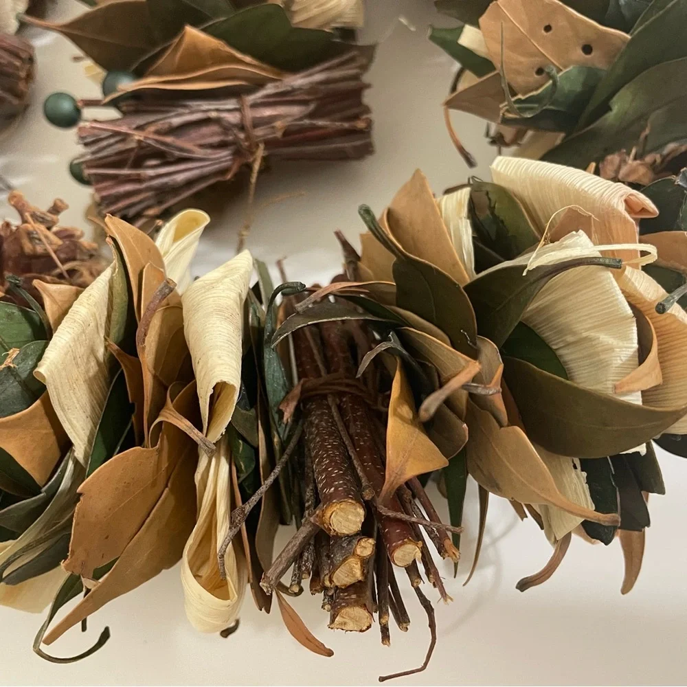 Fall Dried Leaves Pinecones Corn Husks Green Berries Garland 70” Cottage Farm